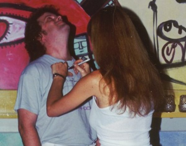 Happy Rhodes signing Buster Harvey's Happy Rhodes t-shirt  - Tin Angel - Philadelphia, PA - July 24, 1999