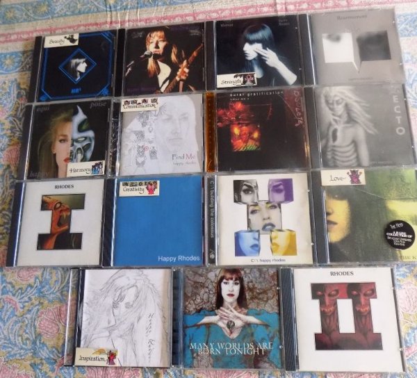 Sky's Angel cards on Happy Rhodes CDs (Beauty, Strength, Harmony, Communication, Creativity, Love, Inspiration)